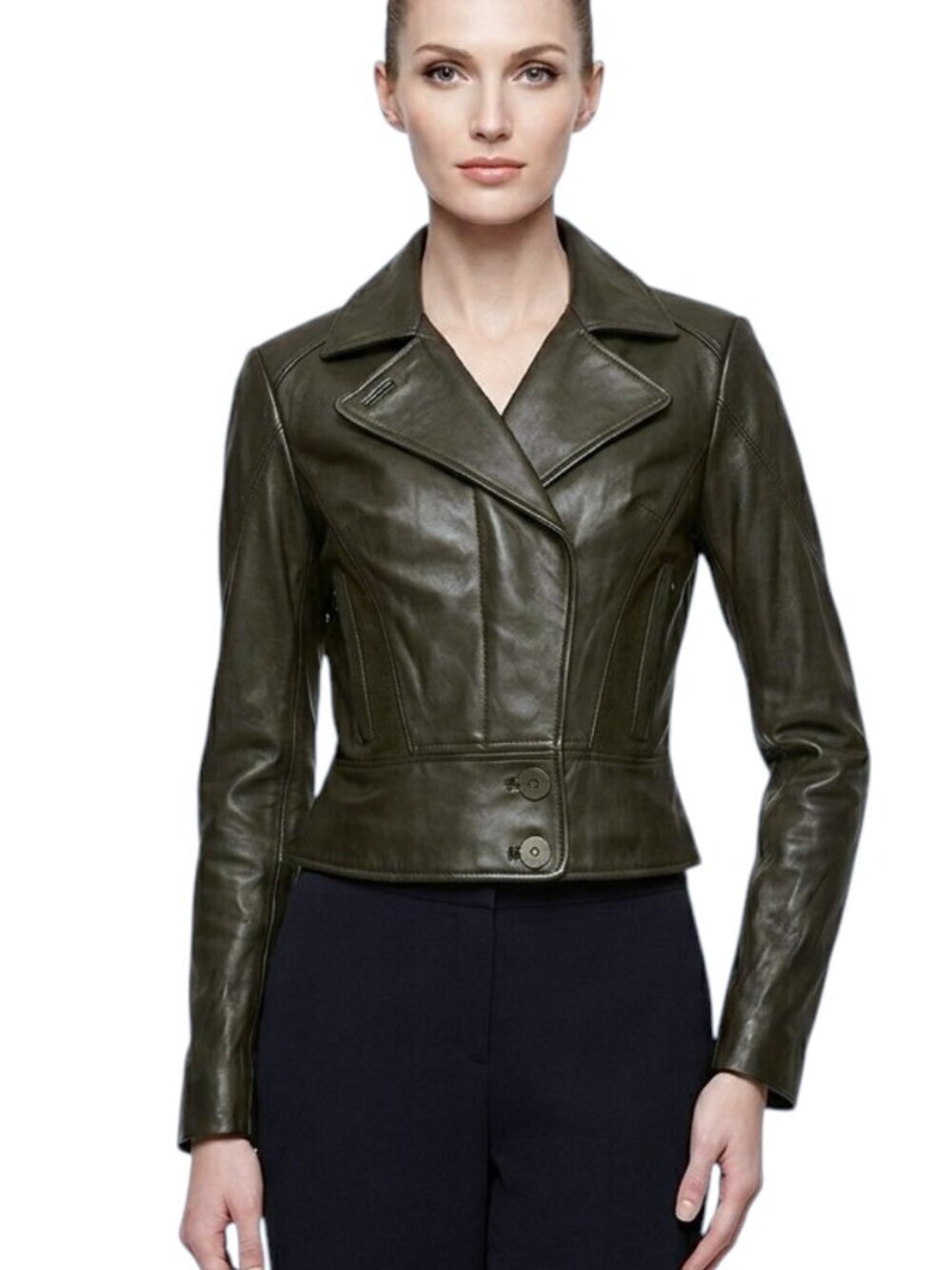 Nicole Miller Olive Green Leather Wool Combo Panel Moto Style Jacket NWT New M